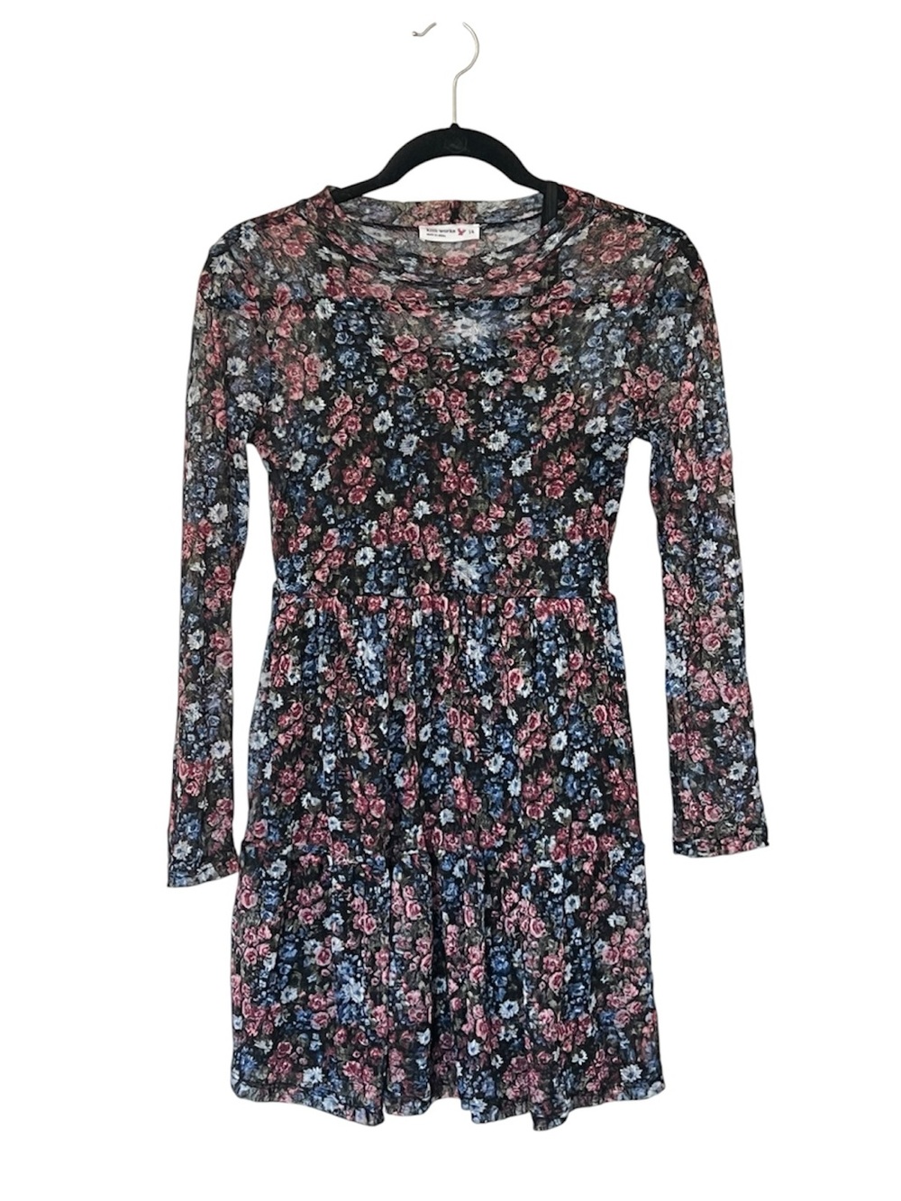 Knit Works Black Floral Long-Sleeve Tiered Dress with Pink & Blue Blooms